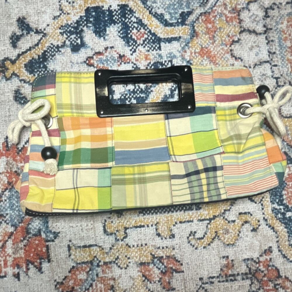 Vintage J.Crew Y2K Madras Plaid Patchwork Clutch Bag Tortoise Handle Prep